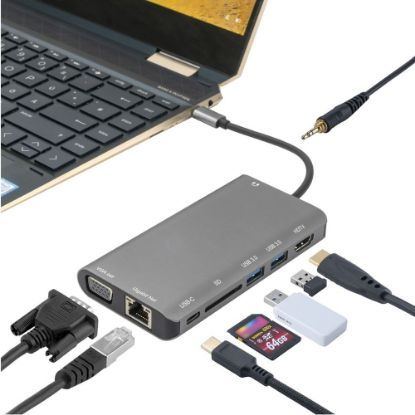 Bild von 8in1 Hub USB Typ-C auf Ethernet, HDMI, 3x USB 3.0 und Kartenleser, Grau