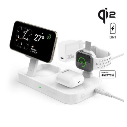 Bild von "Qi2" Ladestation "Trident" mit "MFi Fast Charger" für "Apple Watch", weiß